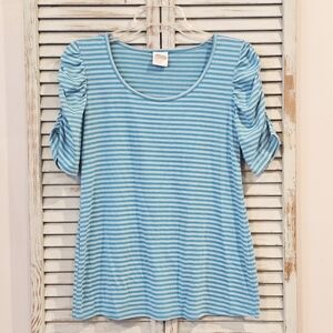 NEW RECRUIT Women Small Blue Stripe Ruched Sleeve Maternity Blouse Top EUC